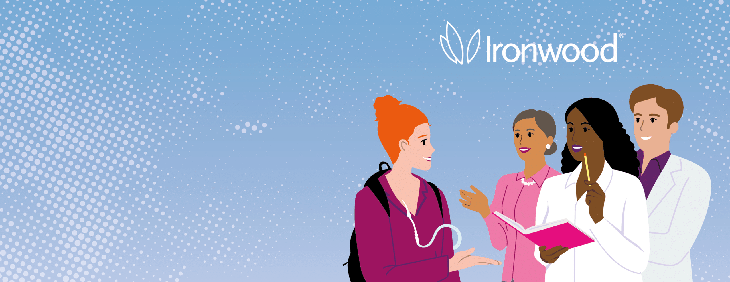 An illustration of 4 people talking with the Ironwood logo on top of the image